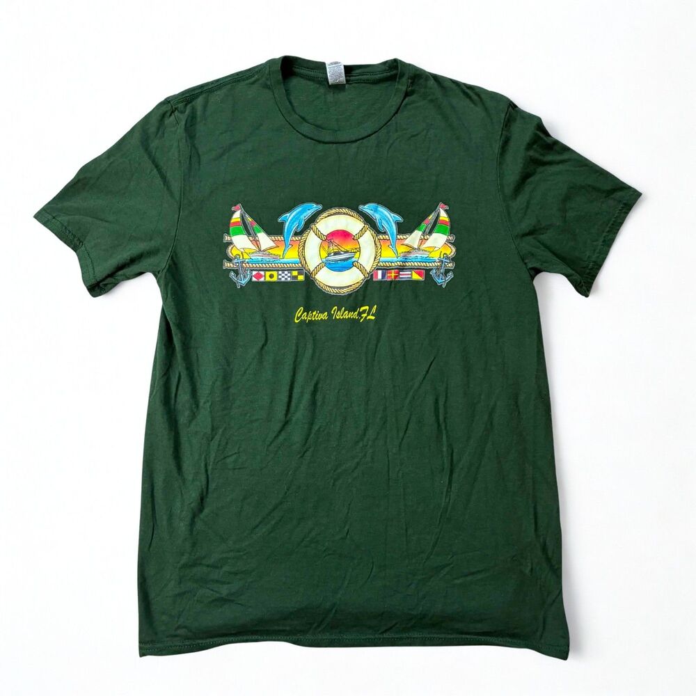 Gildan Softstyle Captiva Island FL T Shirt Mens M Green Nautical Dolphin Graphic